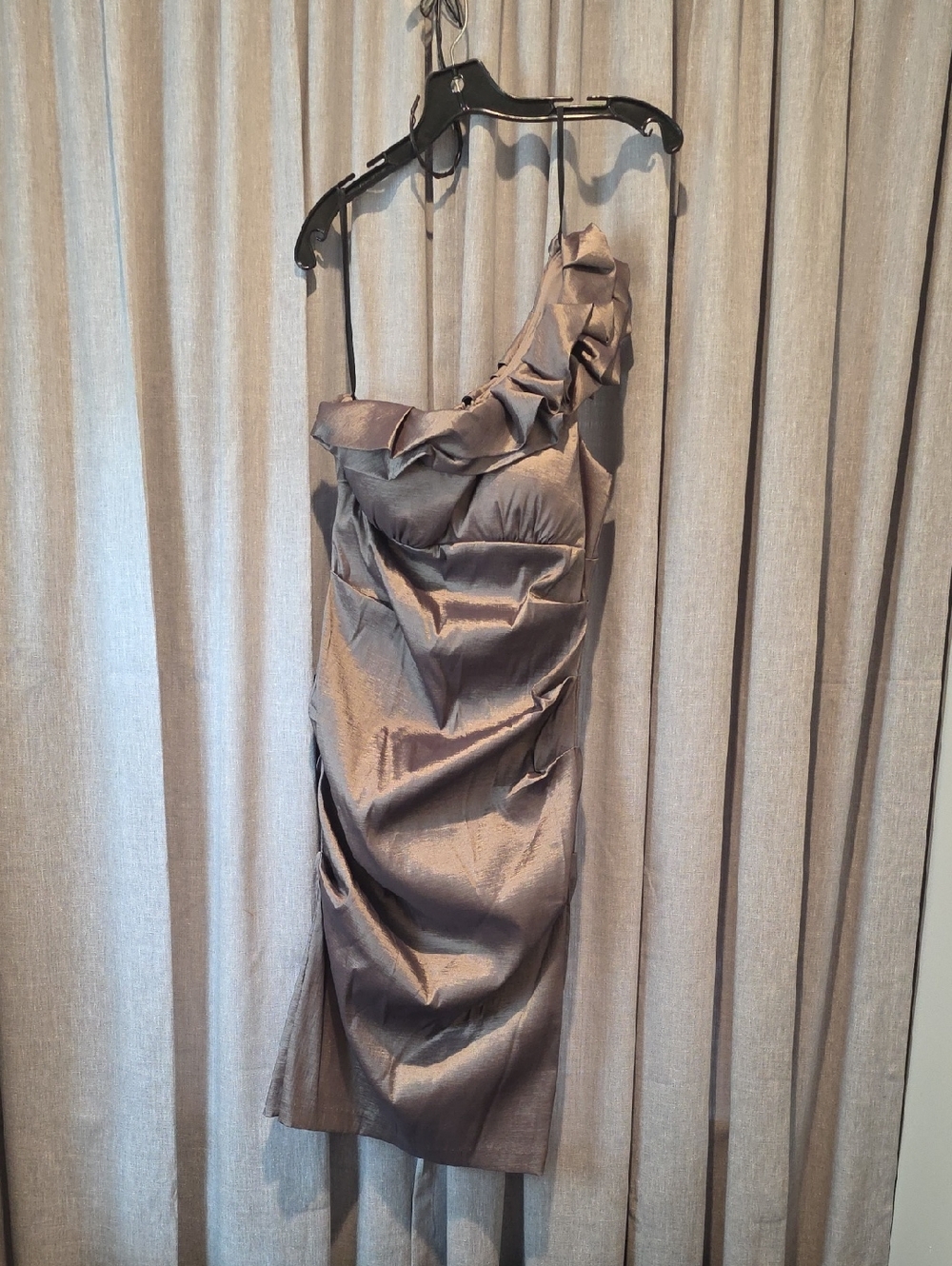 Xscape One-Shoulder Ruffle Satin Metallic Dress in Taupe/Pewter